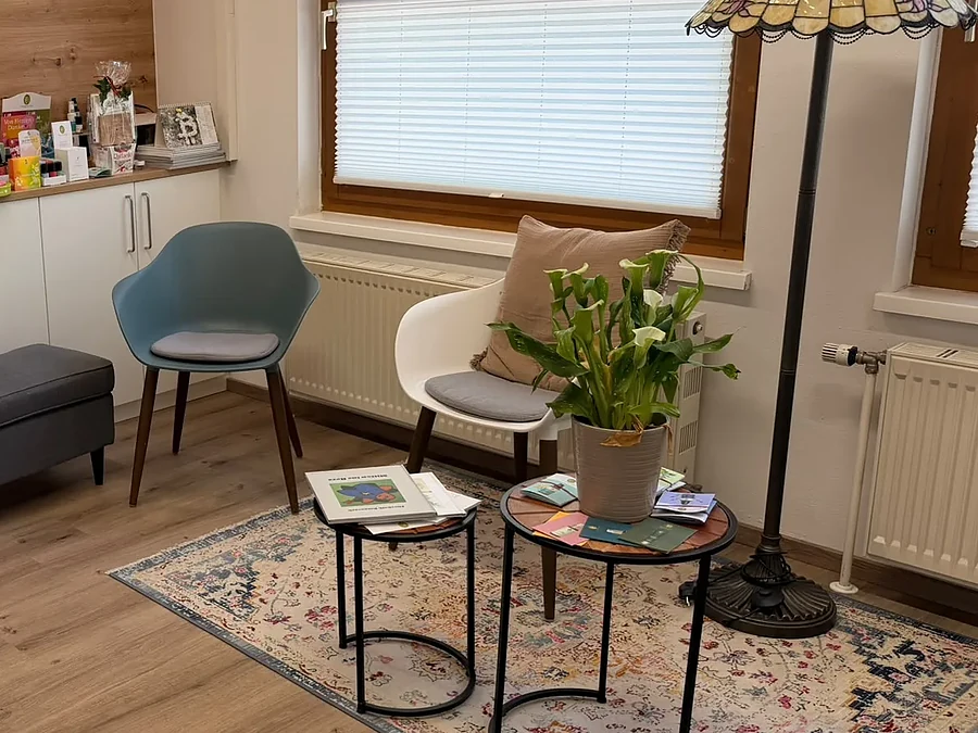 Wartebereich der Ordination: zwei Sessel am Fenster, Beistelltische mit Zeitschriften und eine Pflanze